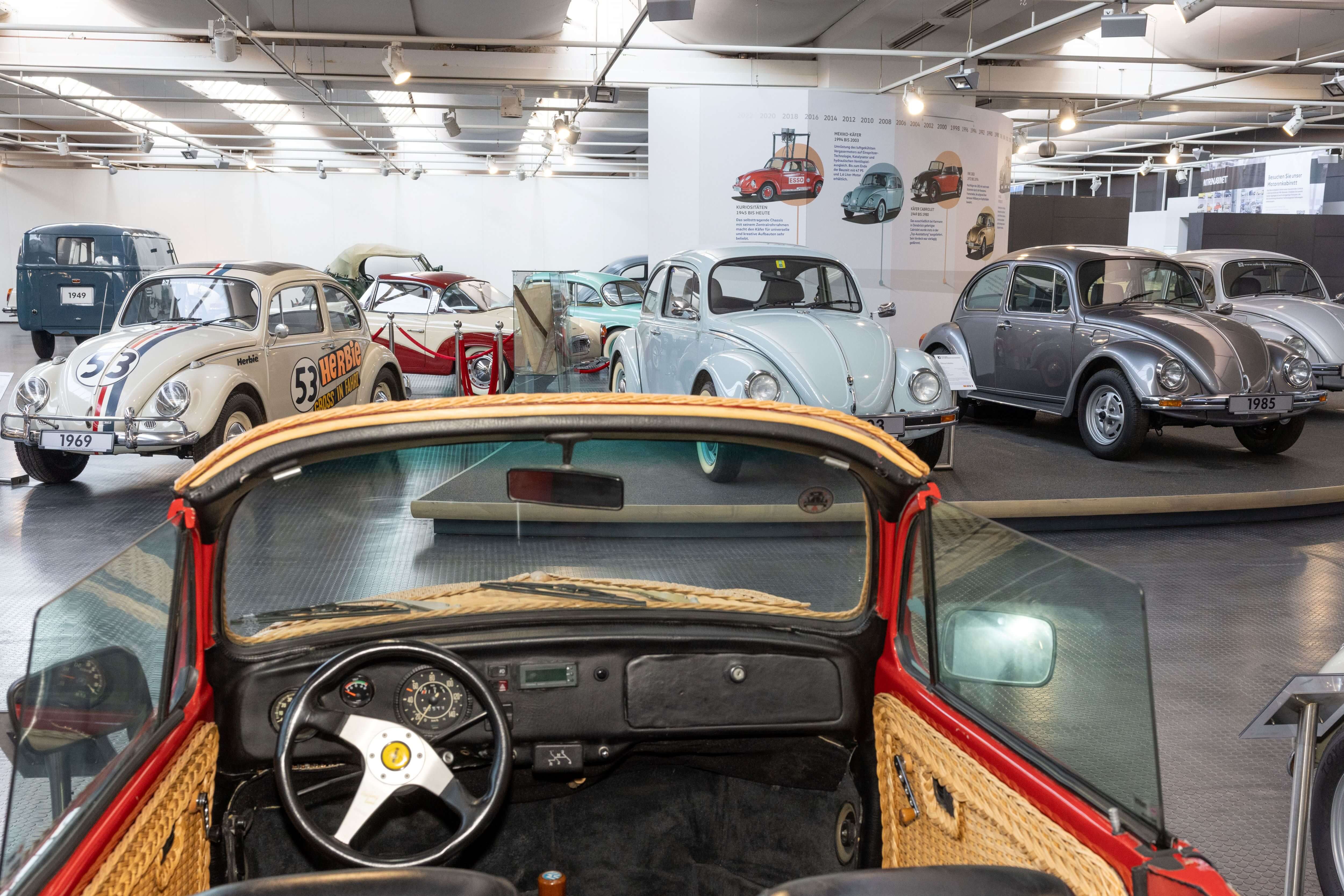 Mehrere VW-Käfer auf einer Ausstellungsfläche